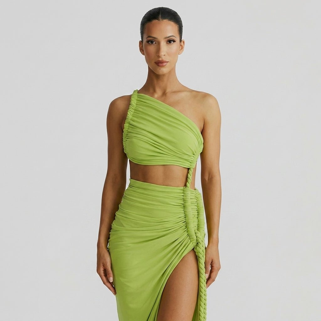Damen-Maxikleid mit asymmetrischer Ein-Schulter-Form und Raffungen-Maxi Dress-Alpenkind