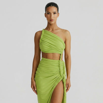 Damen-Maxikleid mit asymmetrischer Ein-Schulter-Form und Raffungen-Maxi Dress-Alpenkind