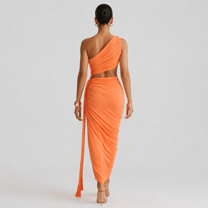 Damen-Maxikleid mit asymmetrischer Ein-Schulter-Form und Raffungen-Maxi Dress-Alpenkind