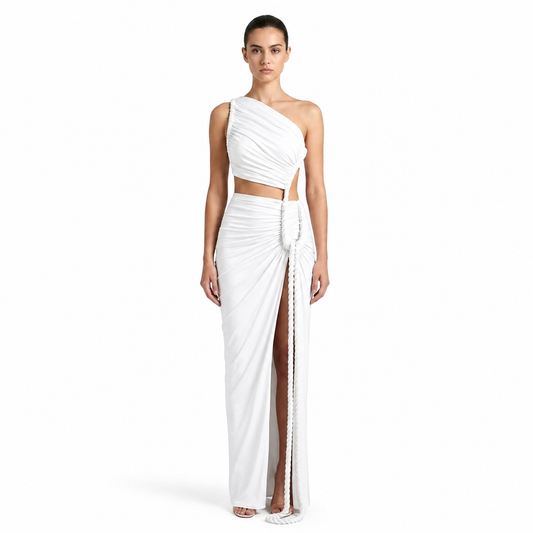 Damen-Maxikleid mit asymmetrischer Ein-Schulter-Form und Raffungen-Maxi Dress-Alpenkind