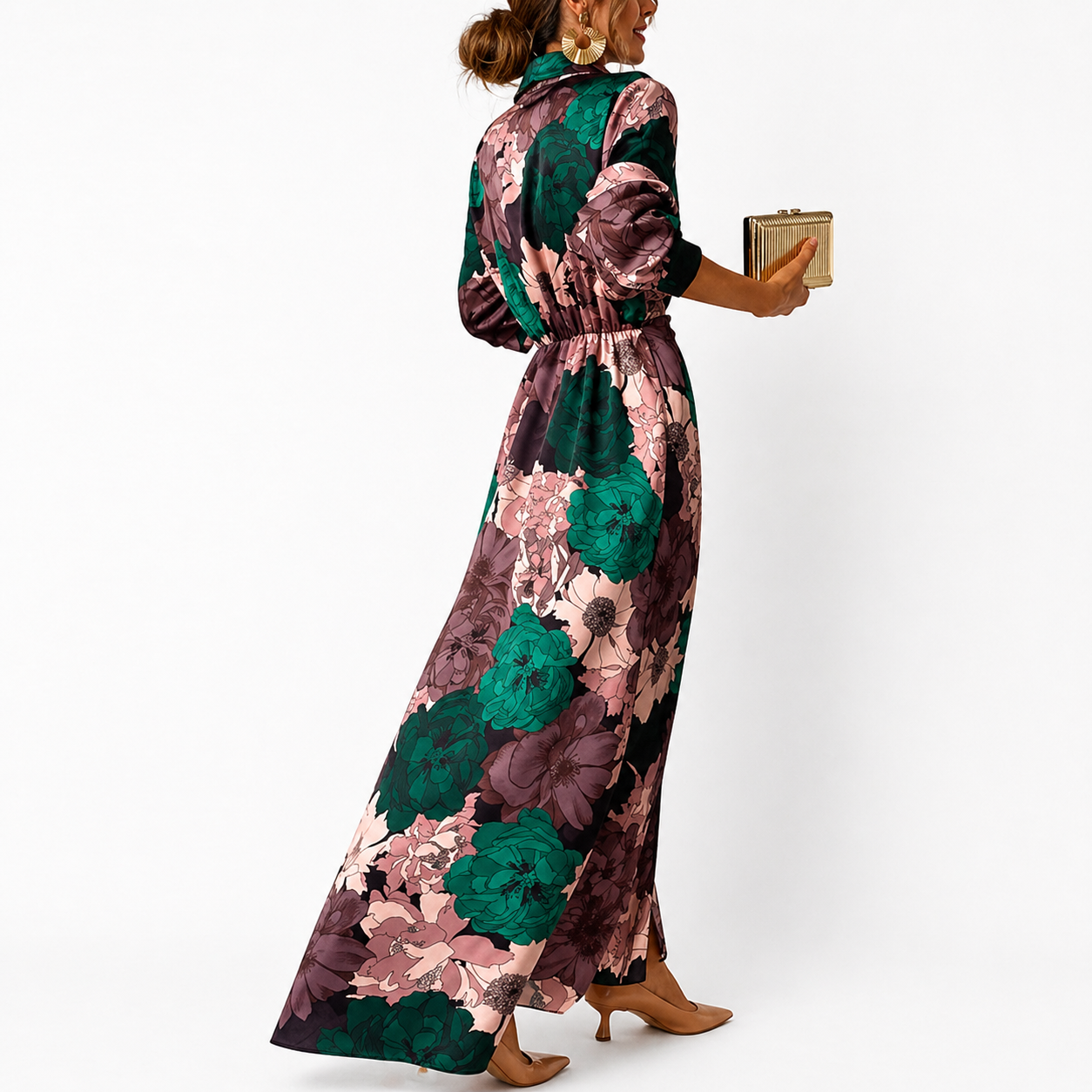 Damen Maxikleid mit Blumenmuster, Kragen und Bindegürtel-Maxi Dress-Alpenkind