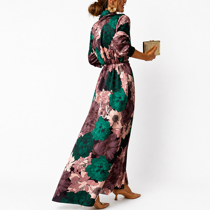 Damen Maxikleid mit Blumenmuster, Kragen und Bindegürtel-Maxi Dress-Alpenkind