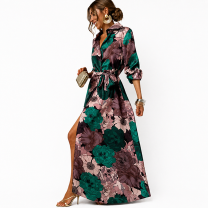 Damen Maxikleid mit Blumenmuster, Kragen und Bindegürtel-Maxi Dress-Alpenkind