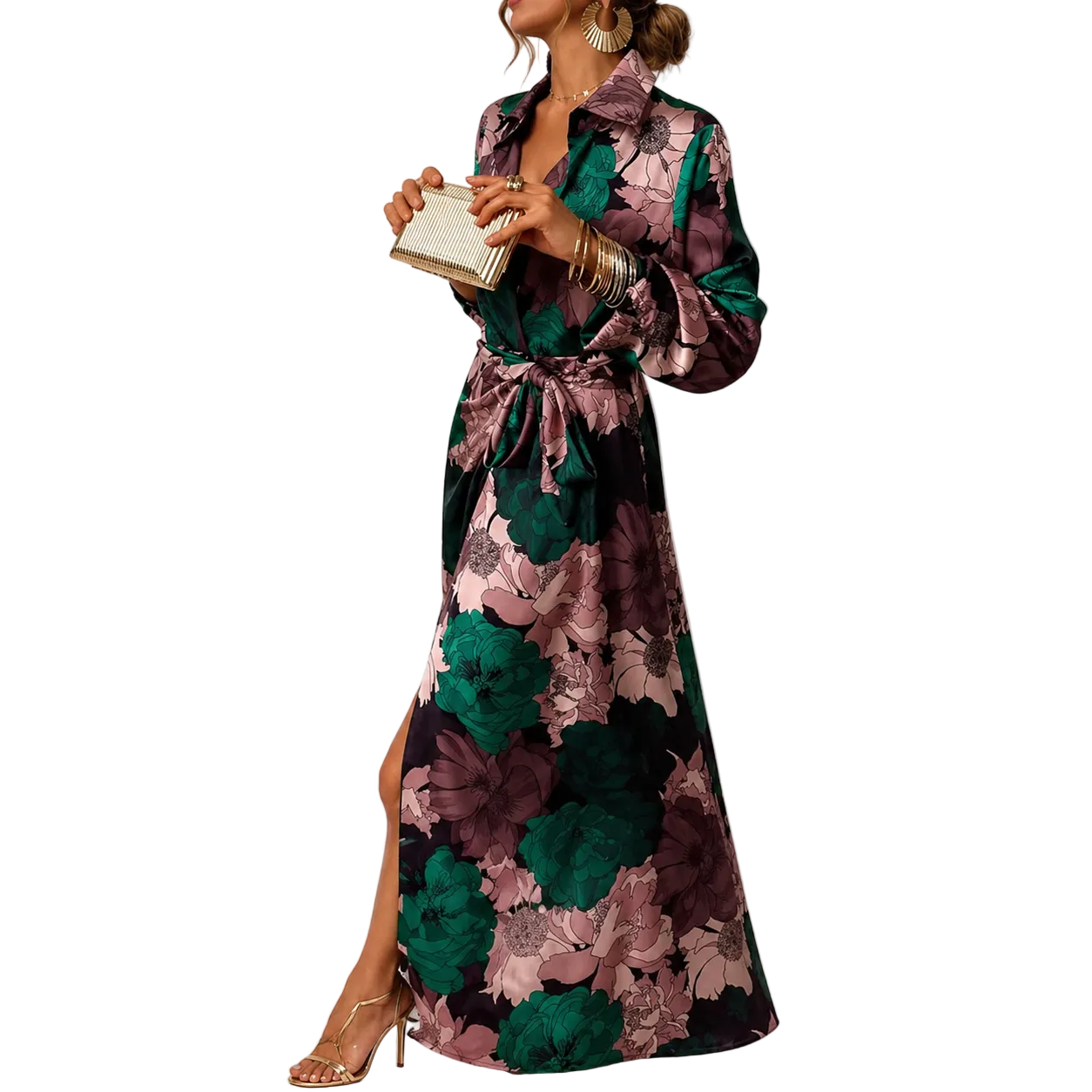 Damen Maxikleid mit Blumenmuster, Kragen und Bindegürtel-Maxi Dress-Alpenkind