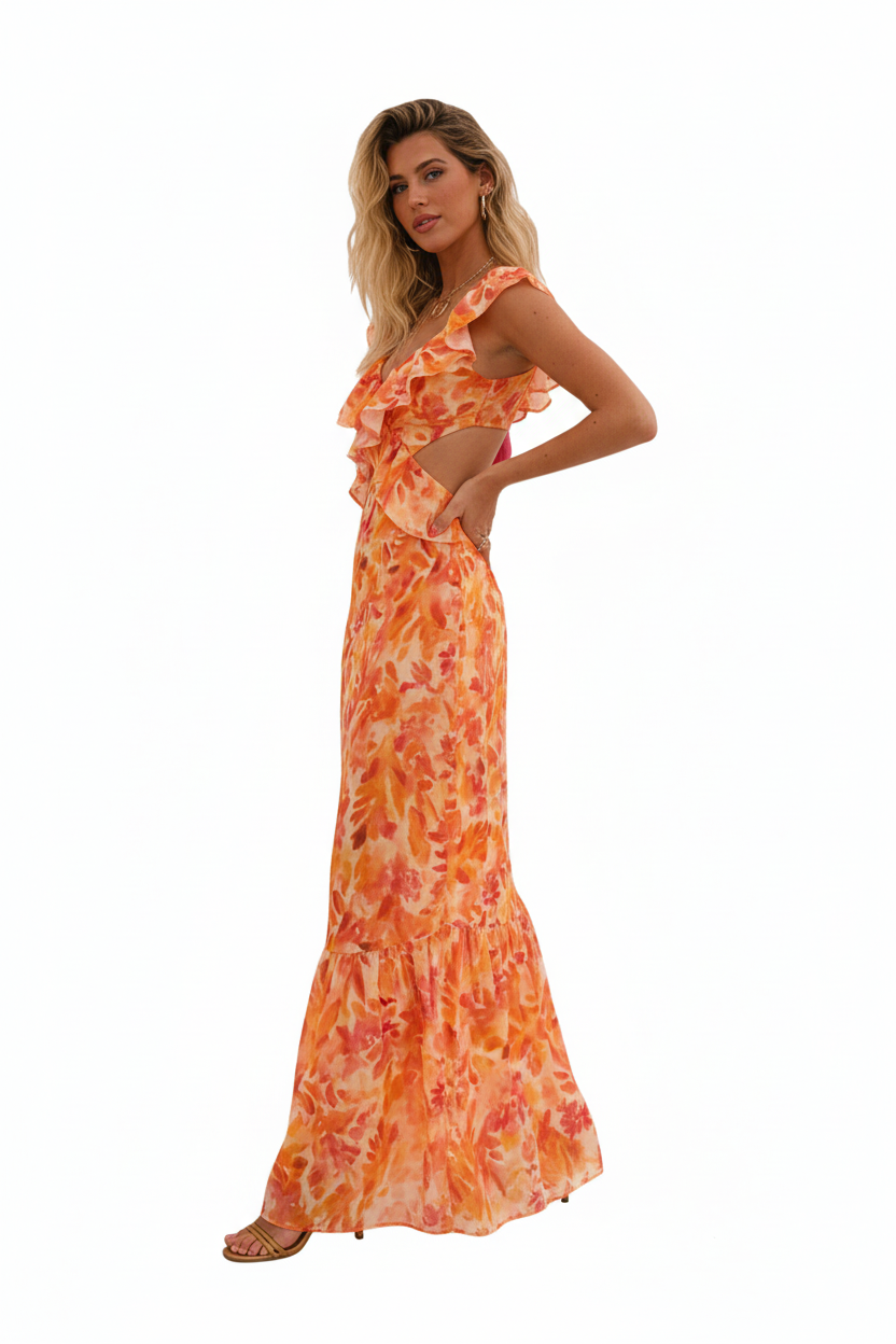 Damen Maxikleid mit Blumenmuster und Rüschendetails-Maxi Dress-Alpenkind