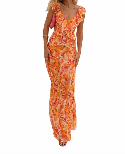 Damen Maxikleid mit Blumenmuster und Rüschendetails-Maxi Dress-Alpenkind