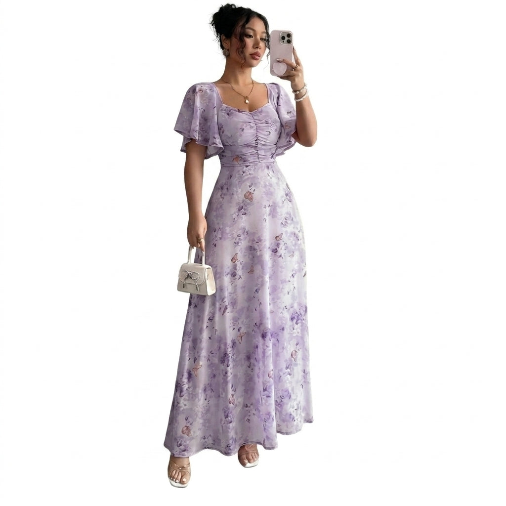 Damen-Maxikleid mit Flatterärmeln, Herzausschnitt und Blumenmuster-Maxi Dress-Alpenkind