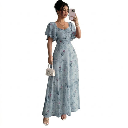 Damen-Maxikleid mit Flatterärmeln, Herzausschnitt und Blumenmuster-Maxi Dress-Alpenkind