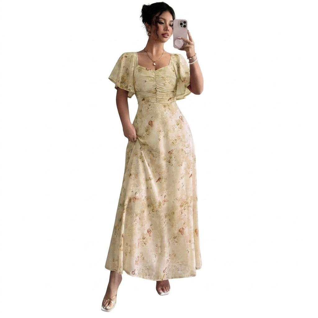 Damen-Maxikleid mit Flatterärmeln, Herzausschnitt und Blumenmuster-Maxi Dress-Alpenkind