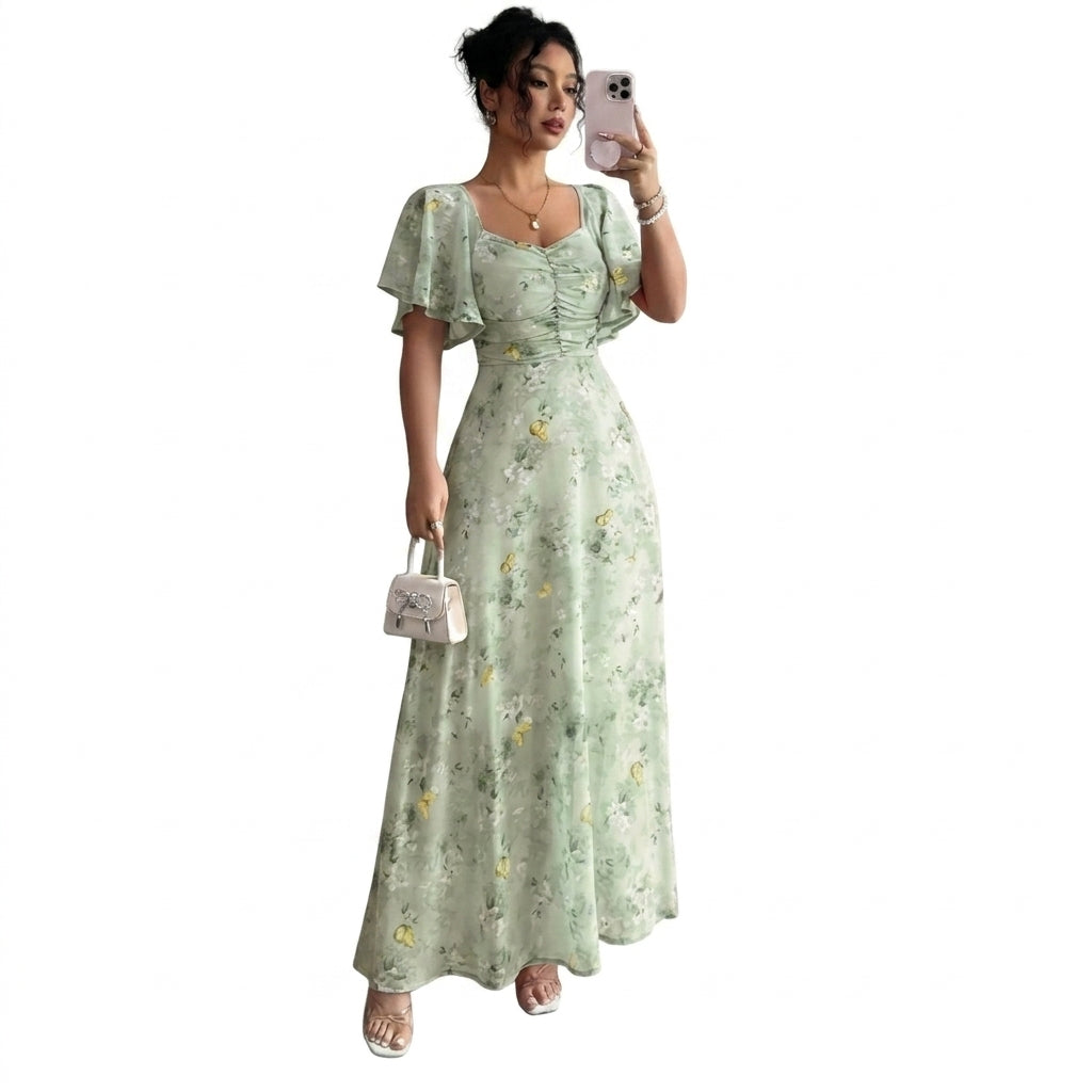 Damen-Maxikleid mit Flatterärmeln, Herzausschnitt und Blumenmuster-Maxi Dress-Alpenkind