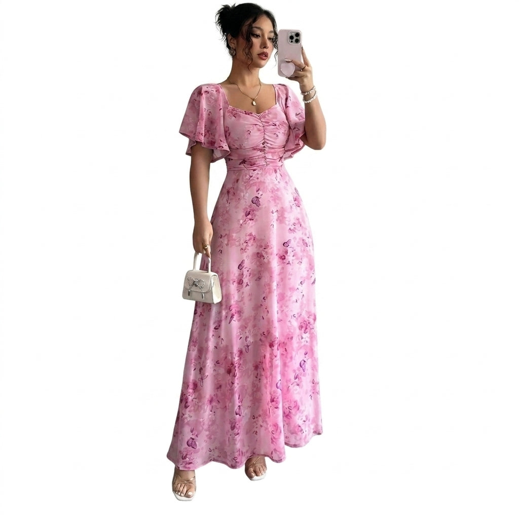 Damen-Maxikleid mit Flatterärmeln, Herzausschnitt und Blumenmuster-Maxi Dress-Alpenkind