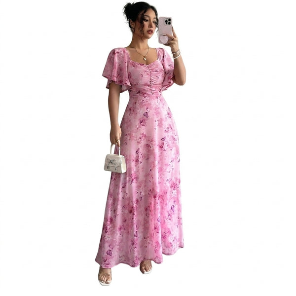 Damen-Maxikleid mit Flatterärmeln, Herzausschnitt und Blumenmuster-Maxi Dress-Alpenkind