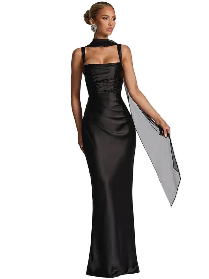 Damen Maxikleid mit geradem Ausschnitt und Drapierung-Maxi Dress-Alpenkind