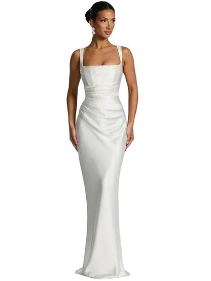 Damen Maxikleid mit geradem Ausschnitt und Drapierung-Maxi Dress-Alpenkind