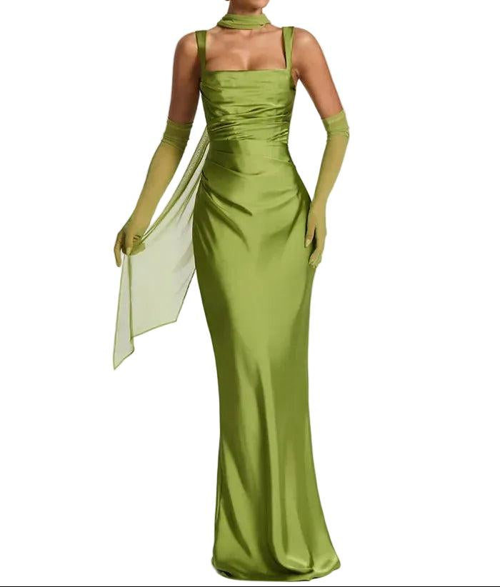 Damen Maxikleid mit geradem Ausschnitt und Drapierung-Maxi Dress-Alpenkind