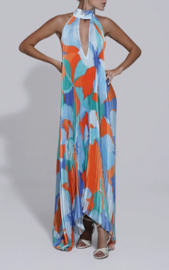 Damen Maxikleid mit Halterkragen und Plissierter Struktur-Maxi Dress-Alpenkind