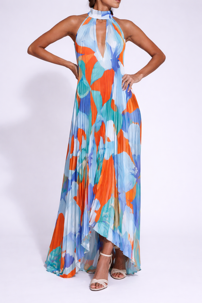 Damen Maxikleid mit Halterkragen und Plissierter Struktur-Maxi Dress-Alpenkind