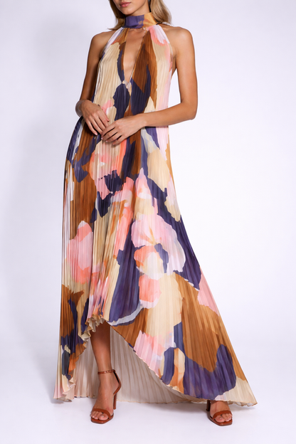 Damen Maxikleid mit Halterkragen und Plissierter Struktur-Maxi Dress-Alpenkind