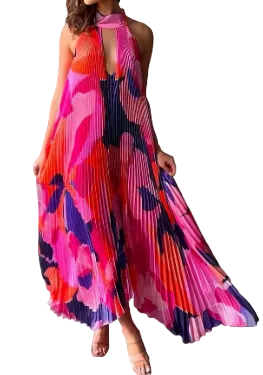 Damen Maxikleid mit Halterkragen und Plissierter Struktur-Maxi Dress-Alpenkind