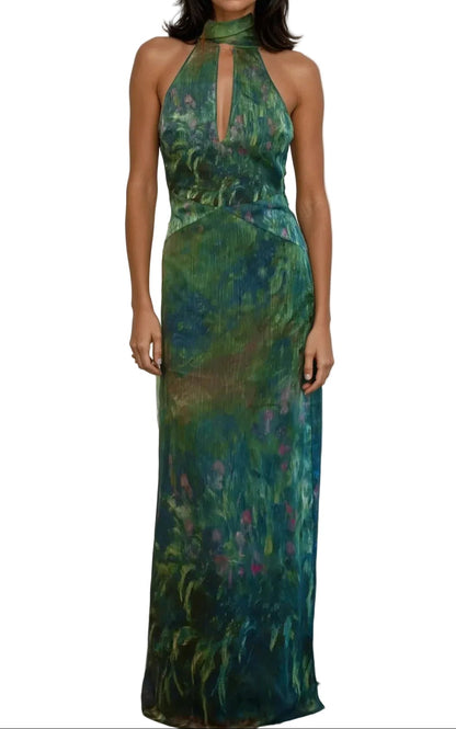 Damen Maxikleid mit Halterneck, Rückenausschnitt und Druckmuster-Maxi Dress-Alpenkind
