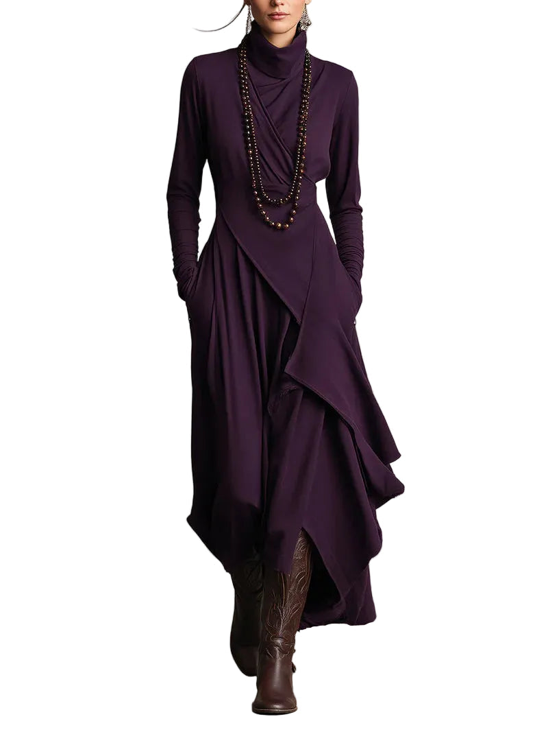Damen Maxikleid mit hohem Kragen, asymmetrischem Saum und langen Ärmeln-Maxi Dress-Alpenkind