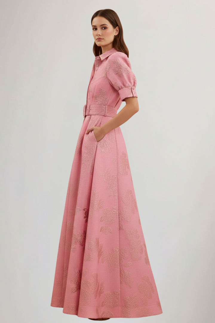 Damen Maxikleid mit Knopfleiste, kurzen Ärmeln und Taillengürtel-Maxi Dress-Alpenkind
