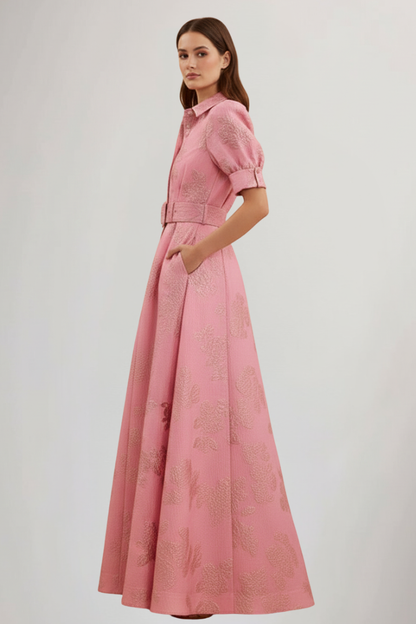 Damen Maxikleid mit Knopfleiste, kurzen Ärmeln und Taillengürtel-Maxi Dress-Alpenkind