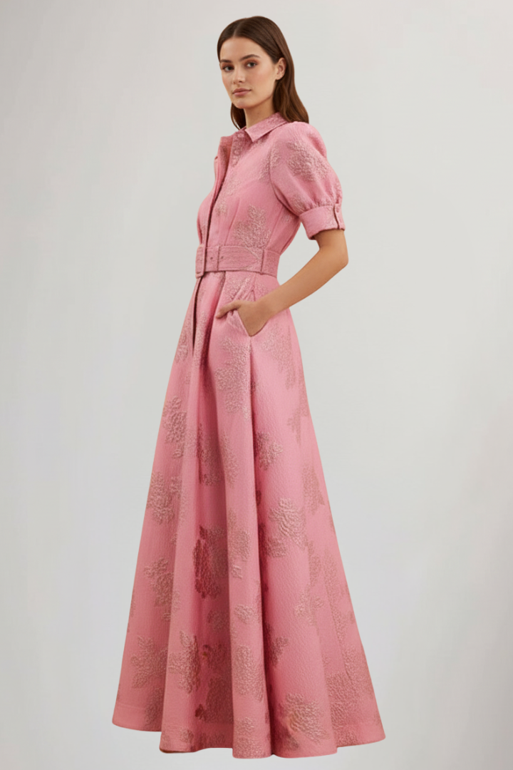 Damen Maxikleid mit Knopfleiste, kurzen Ärmeln und Taillengürtel-Maxi Dress-Alpenkind