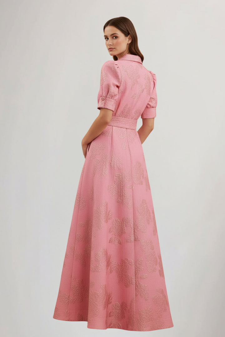 Damen Maxikleid mit Knopfleiste, kurzen Ärmeln und Taillengürtel-Maxi Dress-Alpenkind