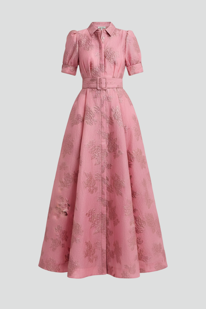 Damen Maxikleid mit Knopfleiste, kurzen Ärmeln und Taillengürtel-Maxi Dress-Alpenkind