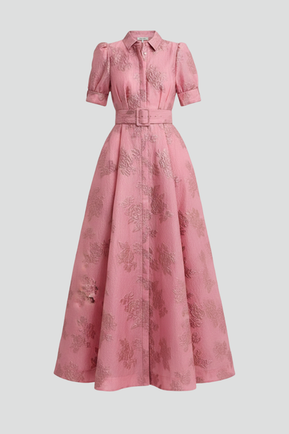 Damen Maxikleid mit Knopfleiste, kurzen Ärmeln und Taillengürtel-Maxi Dress-Alpenkind