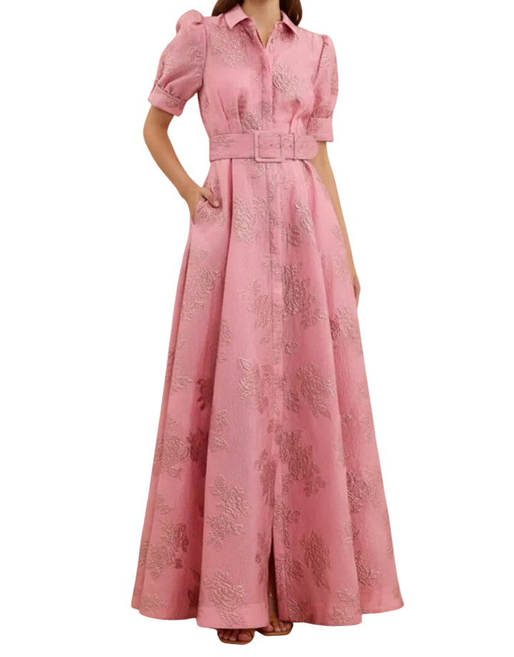 Damen Maxikleid mit Knopfleiste, kurzen Ärmeln und Taillengürtel-Maxi Dress-Alpenkind