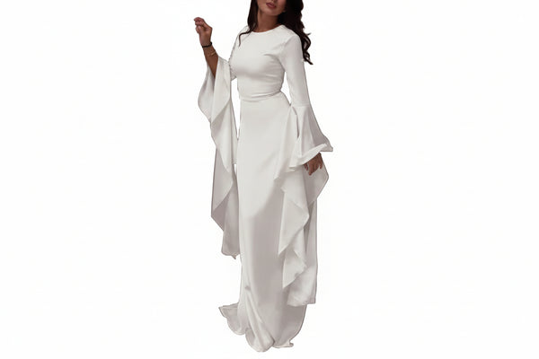 Damen Maxikleid mit Langen Ärmeln, Glockenbündchen und Drapierten Rockbahnen-Maxi Dress-Alpenkind