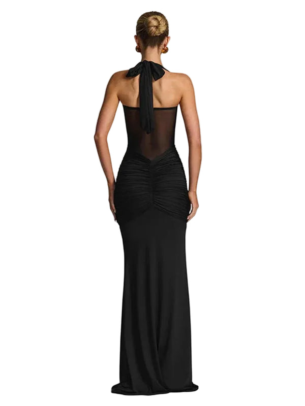 Damen Maxikleid mit Neckholder-Ausschnitt, Transparentem Einsatz und Drapiertem Rock-Maxi Dress-Alpenkind