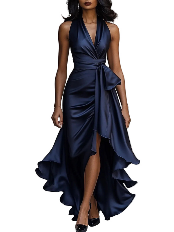 Damen Maxikleid mit Neckholder, Drapierung und High-Low-Saum-Maxi Dress-Alpenkind