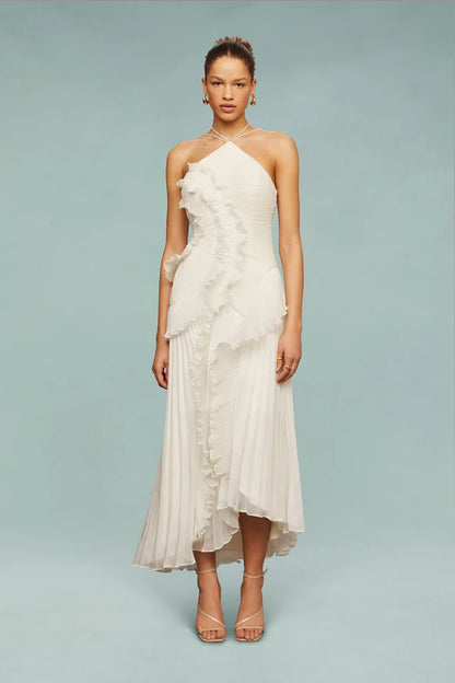 Damen Maxikleid mit Neckholder, Faltenstruktur und Rüschendetails-Maxi Dress-Alpenkind