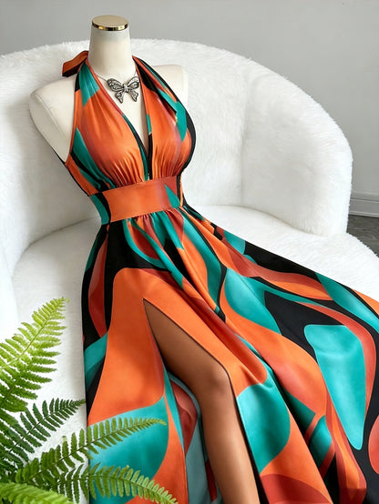 Damen Maxikleid mit Neckholder und abstraktem Print-Maxi Dress-Alpenkind