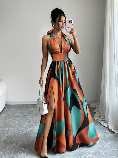 Damen Maxikleid mit Neckholder und abstraktem Print-Maxi Dress-Alpenkind