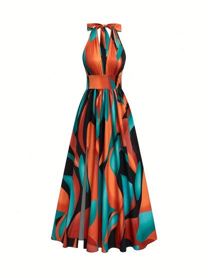 Damen Maxikleid mit Neckholder und abstraktem Print-Maxi Dress-Alpenkind