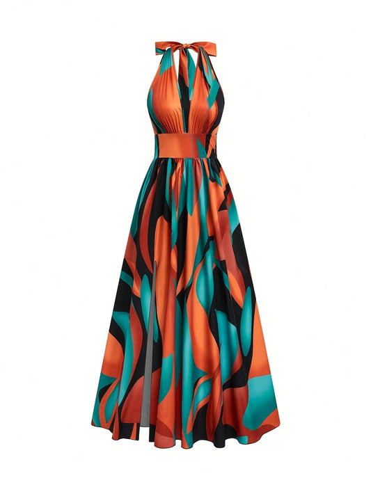 Damen Maxikleid mit Neckholder und abstraktem Print-Maxi Dress-Alpenkind