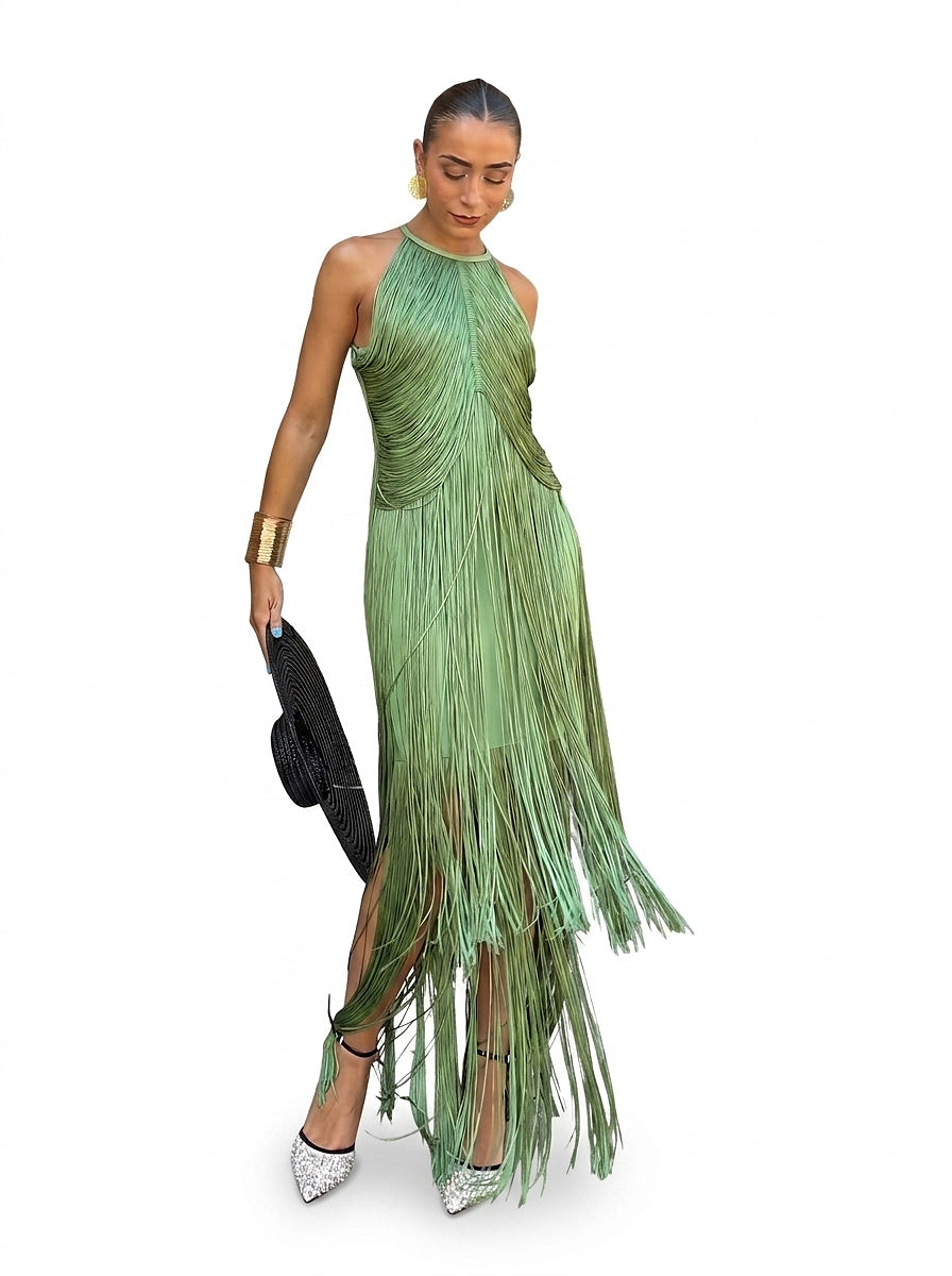 Damen-Maxikleid mit Neckholder und Fransen-Maxi Dress-Alpenkind