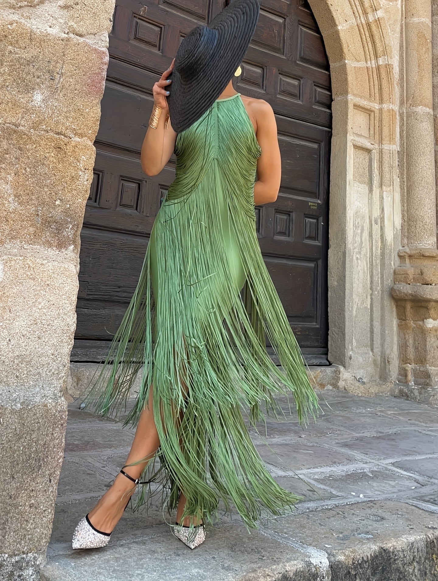 Damen-Maxikleid mit Neckholder und Fransen-Maxi Dress-Alpenkind