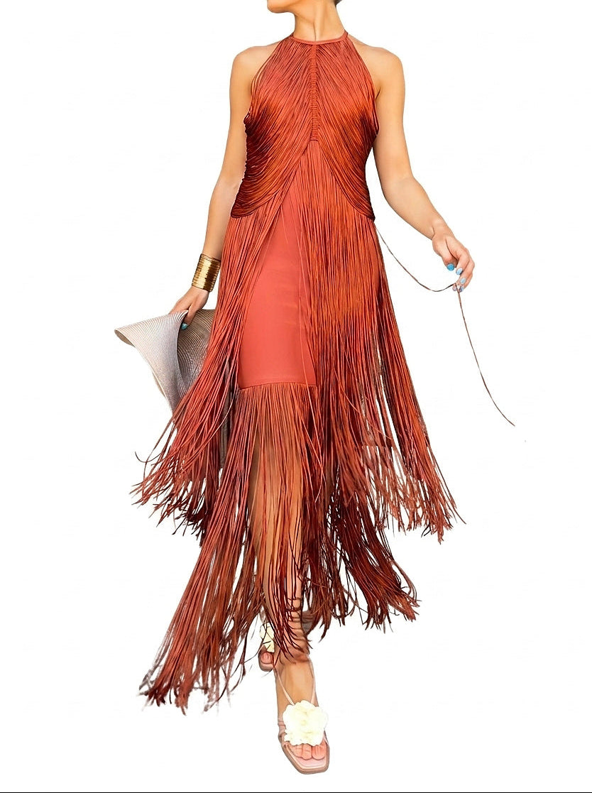 Damen-Maxikleid mit Neckholder und Fransen-Maxi Dress-Alpenkind