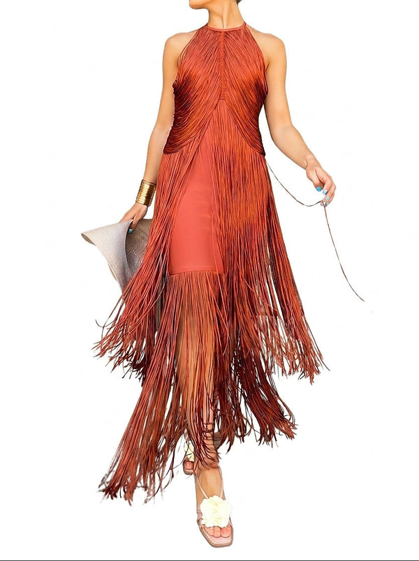 Damen-Maxikleid mit Neckholder und Fransen-Maxi Dress-Alpenkind