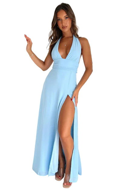 Damen Maxikleid mit Neckholder und Hohem Schlitz-Maxi Dress-Alpenkind