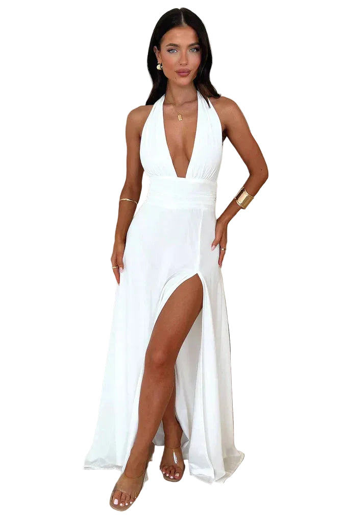 Damen Maxikleid mit Neckholder und Hohem Schlitz-Maxi Dress-Alpenkind