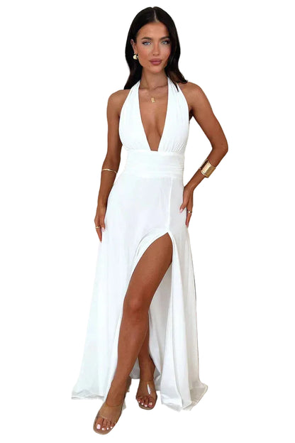 Damen Maxikleid mit Neckholder und Hohem Schlitz-Maxi Dress-Alpenkind