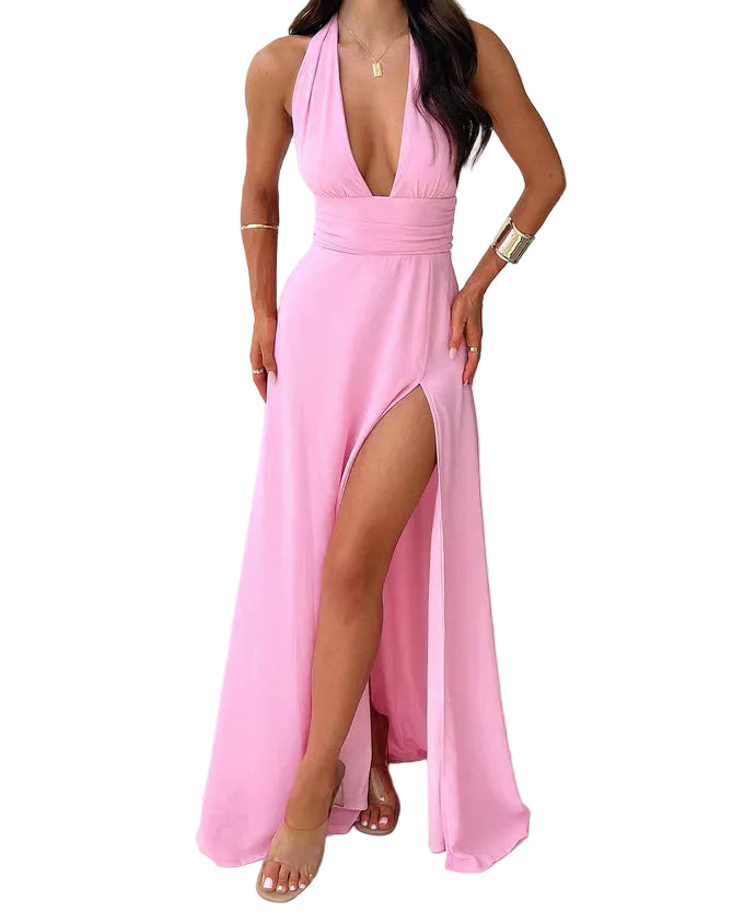 Damen Maxikleid mit Neckholder und Hohem Schlitz-Maxi Dress-Alpenkind
