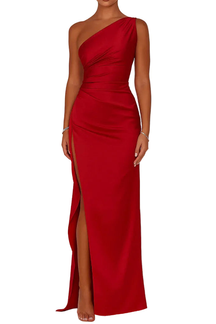 Damen Maxikleid mit One-Shoulder-Ausschnitt und hohem Seitenschlitz-Maxi Dress-Alpenkind