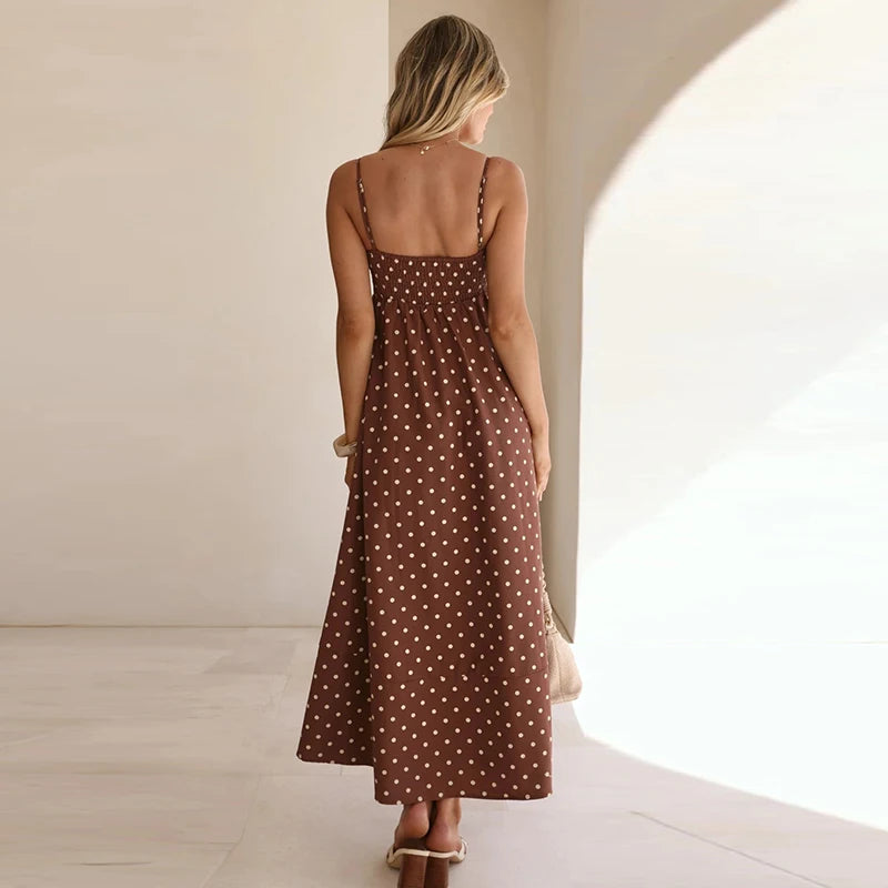 Damen Maxikleid mit Polka Dots und Spaghettiträgern-Maxi Dress-Alpenkind
